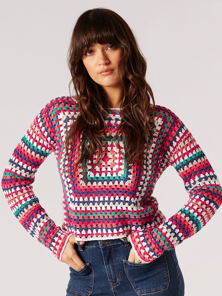 Apricot Blue 100% Cotton Cropped Crochet Squares Jumper - Image 1 of 5