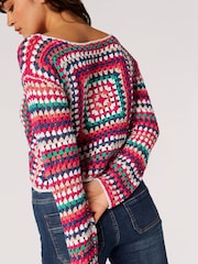 Apricot Blue 100% Cotton Cropped Crochet Squares Jumper - Image 4 of 5