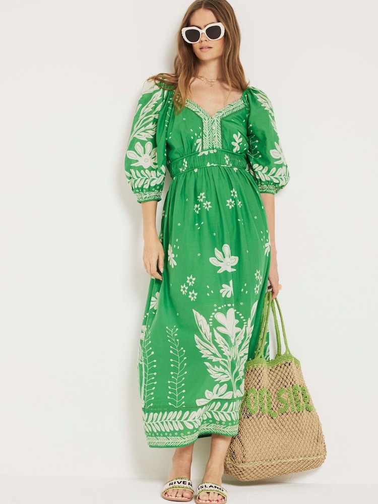 River Island Green Midi V-Neck Tea Dress - Image 1 of 4