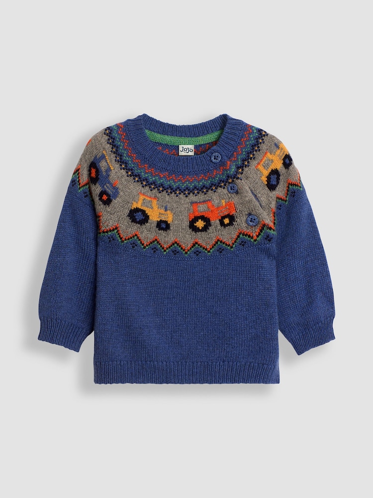 JoJo Maman Bébé Denim Blue Tractor Knit Fair Isle Pattern Jumper - Image 1 of 3