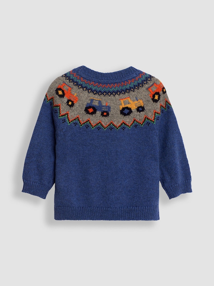 JoJo Maman Bébé Denim Blue Tractor Knit Fair Isle Pattern Jumper - Image 2 of 3