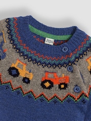 JoJo Maman Bébé Denim Blue Tractor Knit Fair Isle Pattern Jumper - Image 3 of 3