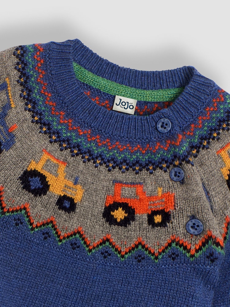 JoJo Maman Bébé Denim Blue Tractor Knit Fair Isle Pattern Jumper - Image 3 of 3