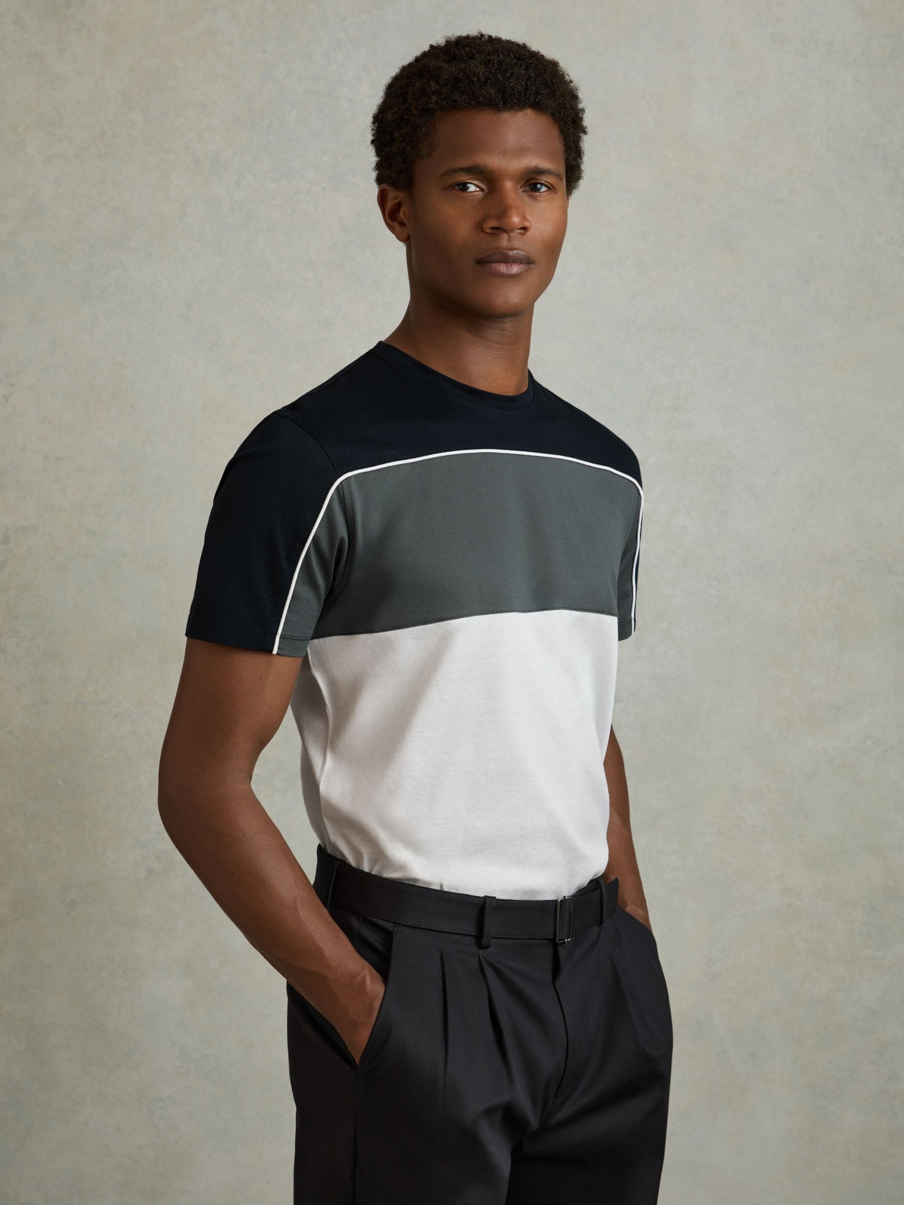 Shop Reiss Navy/white Mercerised Cotton Colourblock Crew Neck T-shirt