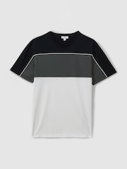 Reiss Navy/White Woods Mercerised Cotton Colourblock Crew Neck T-Shirt - Image 1 of 5