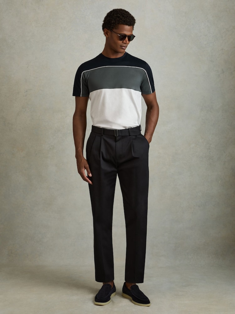 Reiss Navy/White Woods Mercerised Cotton Colourblock Crew Neck T-Shirt - Image 2 of 5