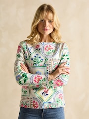 Joules Harbour Cream Tile Print Boat Neck Printed Top - Image 1 of 9