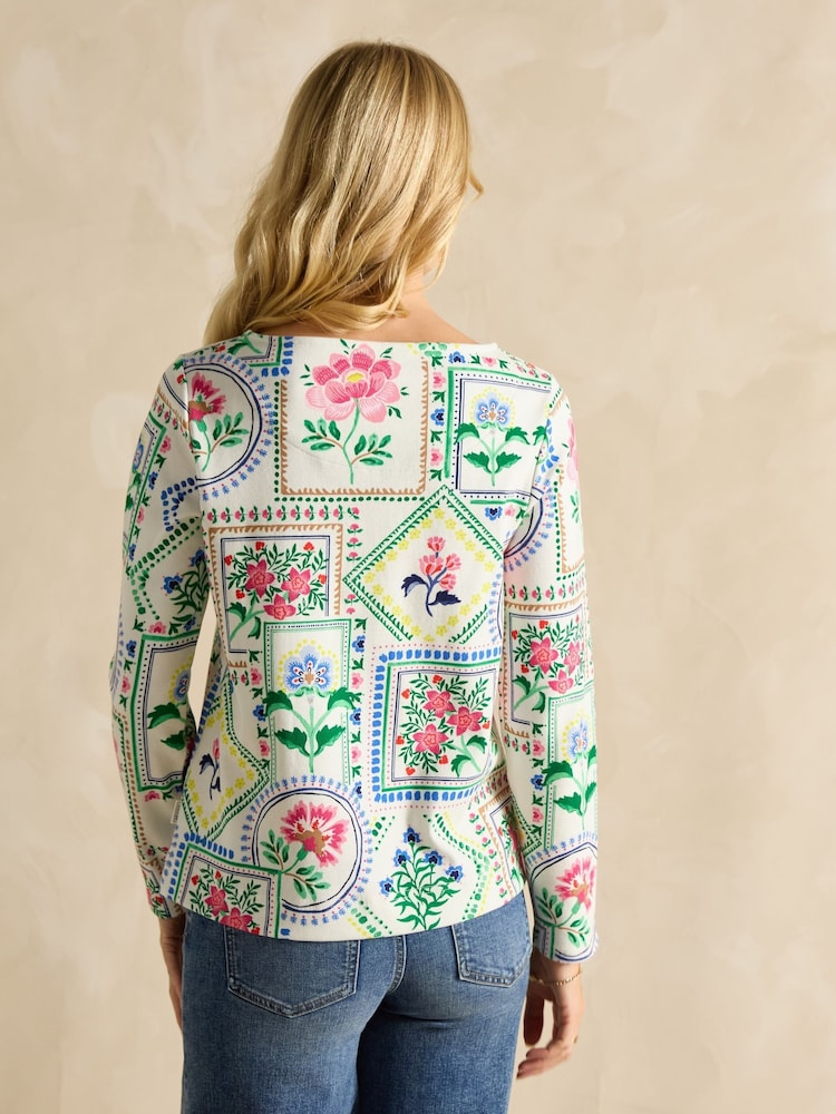 Joules Harbour Cream Tile Print Boat Neck Printed Top - Image 2 of 9
