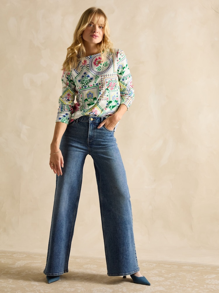 Joules Harbour Cream Tile Print Boat Neck Printed Top - Image 4 of 9
