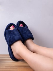 Totes Navy Ladies Isotoner Popcorn Turnover Open Toe Slippers - Image 1 of 5