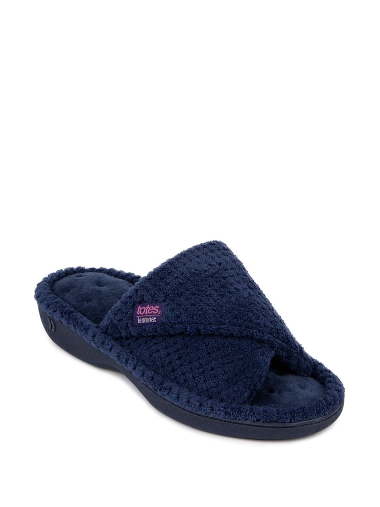 Totes Navy Ladies Isotoner Popcorn Turnover Open Toe Slippers - Image 3 of 5