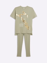 River Island Green Girls Iconic 100% Cotton Drenched Top And Leggings Set - Image 1 of 5