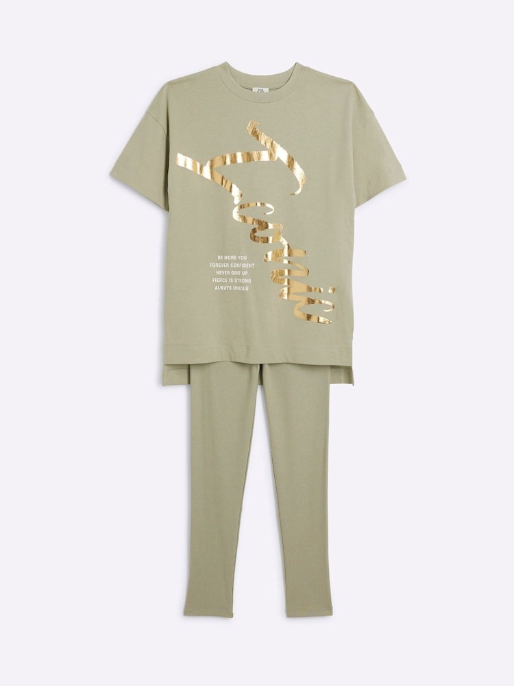 River Island Green Girls Iconic 100% Cotton Drenched Top And Leggings Set - Image 1 of 5