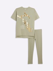 River Island Green Girls Iconic 100% Cotton Drenched Top And Leggings Set - Image 2 of 5