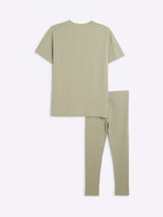 River Island Green Girls Iconic 100% Cotton Drenched Top And Leggings Set - Image 3 of 5