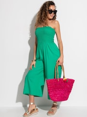 Pour Moi Green Strapless Shirred Bodice Crop Leg Beach Jumpsuit - Image 1 of 4