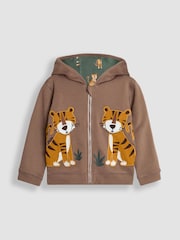 JoJo Maman Bébé Mocha Brown Safari Cats Appliqué Reversible Hoodie - Image 6 of 8