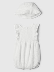 Gap White Linen-Blend Print Rompersuit and Bucket Hat Set (Newborn-24mths) - Image 1 of 1