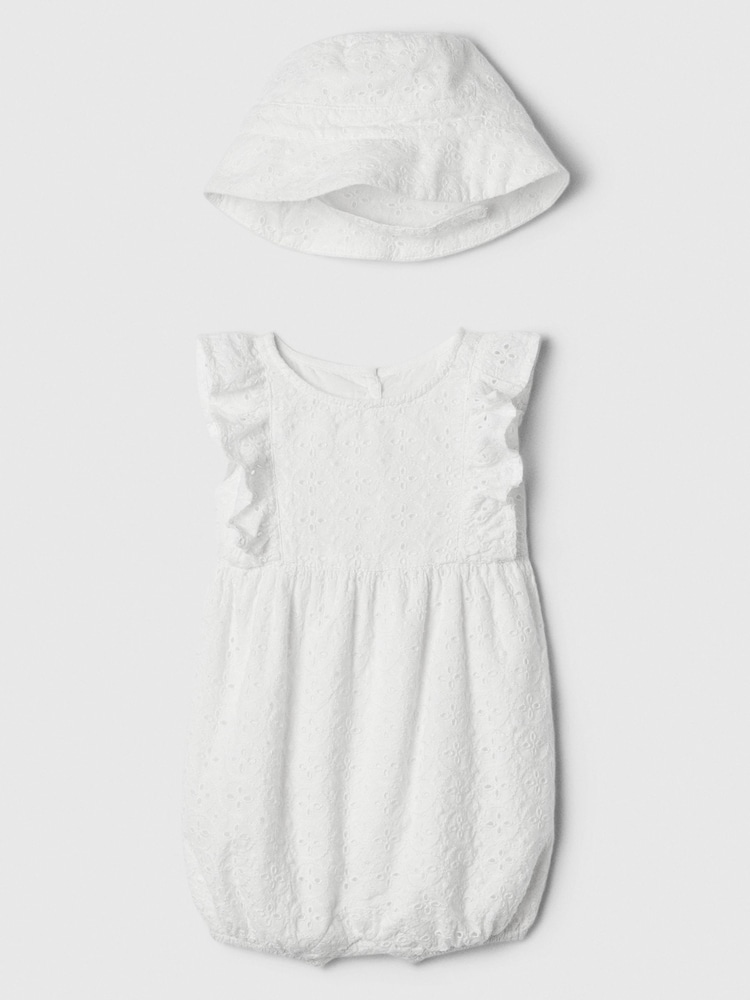 Gap White Linen-Blend Print Rompersuit and Bucket Hat Set (Newborn-24mths) - Image 1 of 1