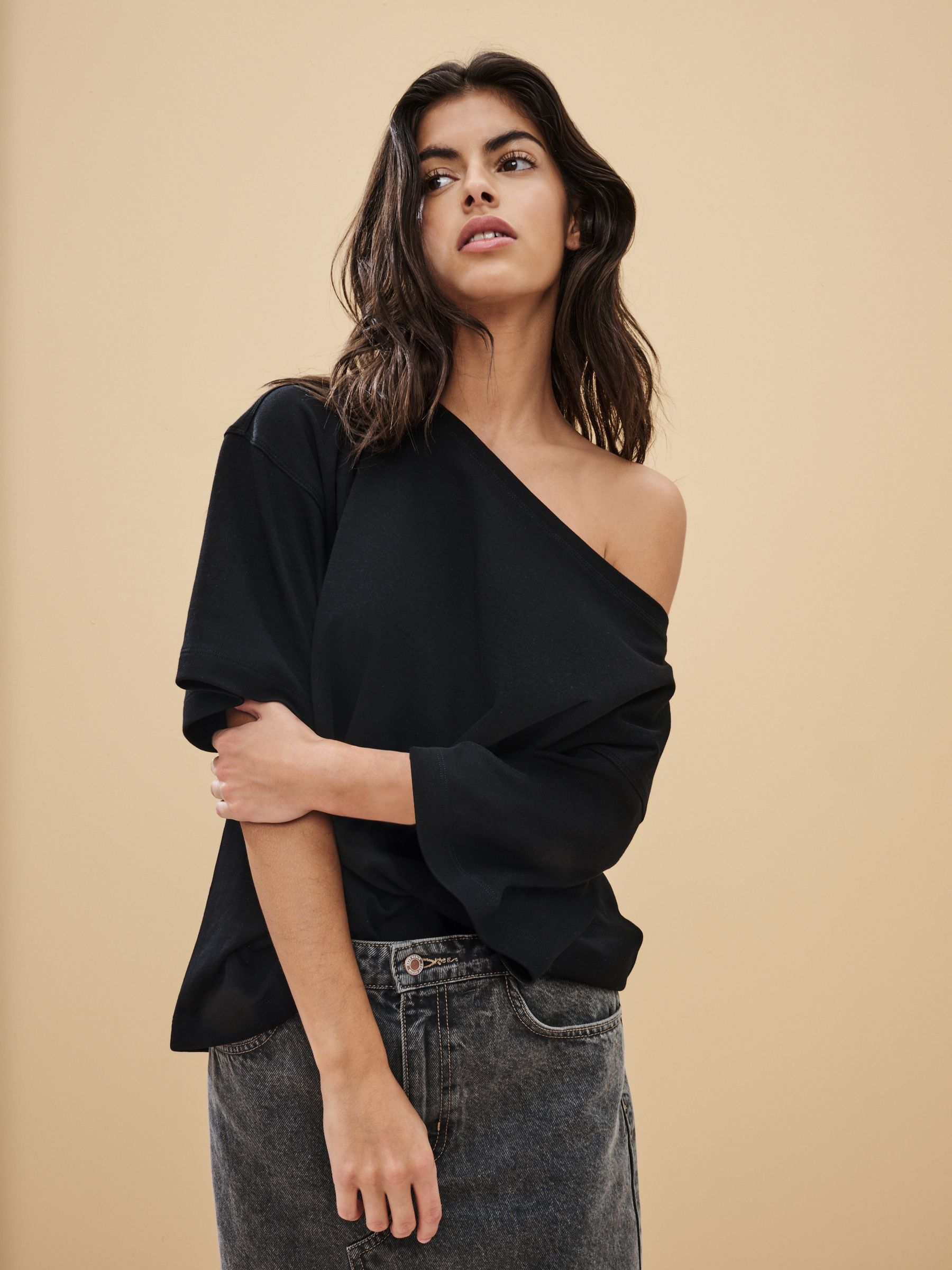 Buy Black Relaxed Fit Boxy 100 Cotton Slouch Shoulder T Shirt from the Next UK online shop
