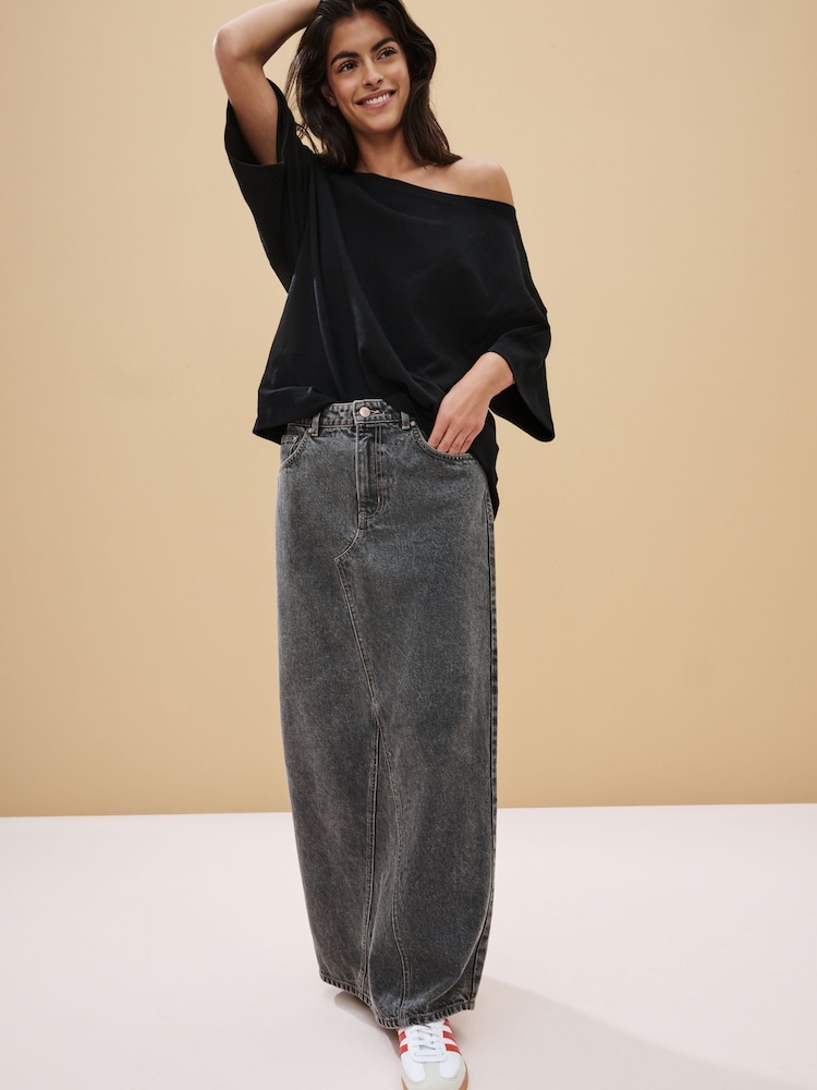Black Relaxed Fit Boxy 100% Cotton Slouch Shoulder T-Shirt - Image 3 of 7