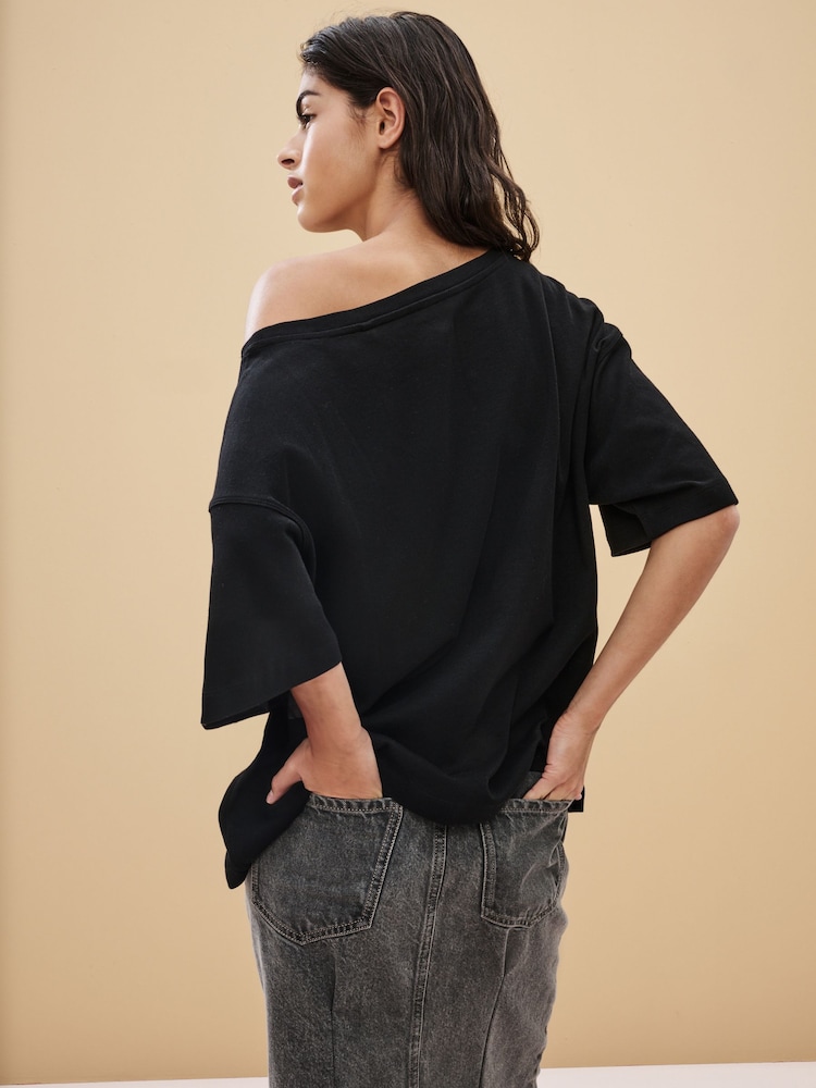 Black Relaxed Fit Boxy 100% Cotton Slouch Shoulder T-Shirt - Image 4 of 7