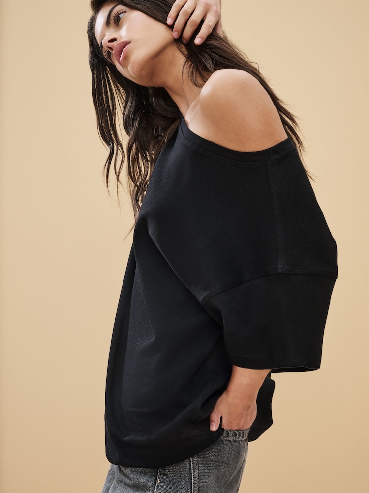 Black Relaxed Fit Boxy 100% Cotton Slouch Shoulder T-Shirt - Image 5 of 7
