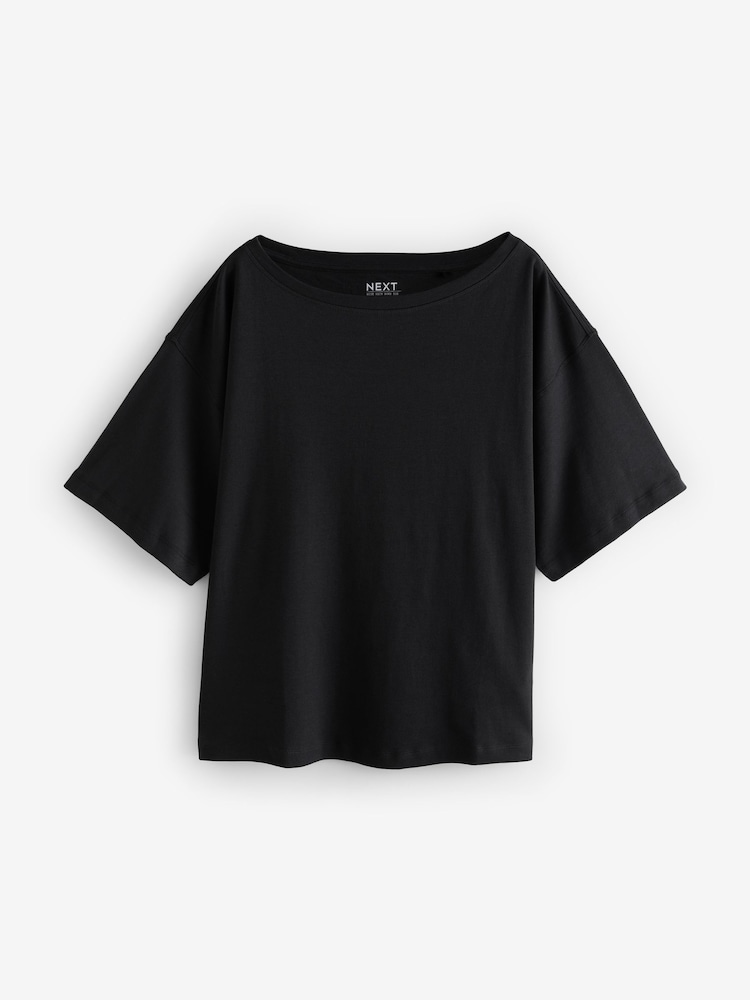 Black Relaxed Fit Boxy 100% Cotton Slouch Shoulder T-Shirt - Image 6 of 7