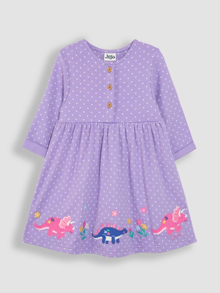 JoJo Maman Bébé Lilac Purple Dino Appliqué Button Front Dress - Image 1 of 4