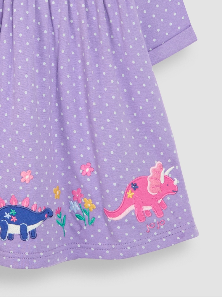 JoJo Maman Bébé Lilac Purple Dino Appliqué Button Front Dress - Image 4 of 4