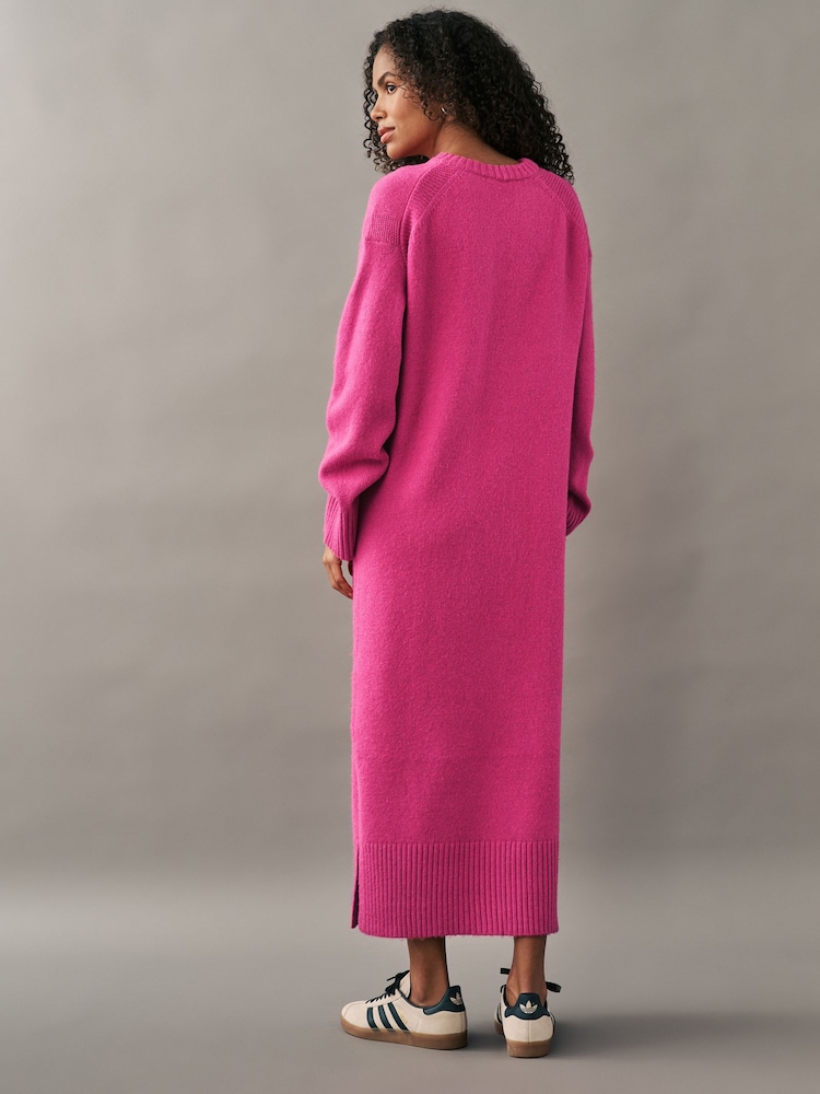 Bright Pink Relaxed Soft Touch Crew Neck Midi Knitted Jumper Dress - Image 2 of 7