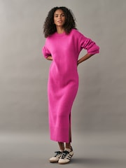 Bright Pink Relaxed Soft Touch Crew Neck Midi Knitted Jumper Dress - Image 3 of 7