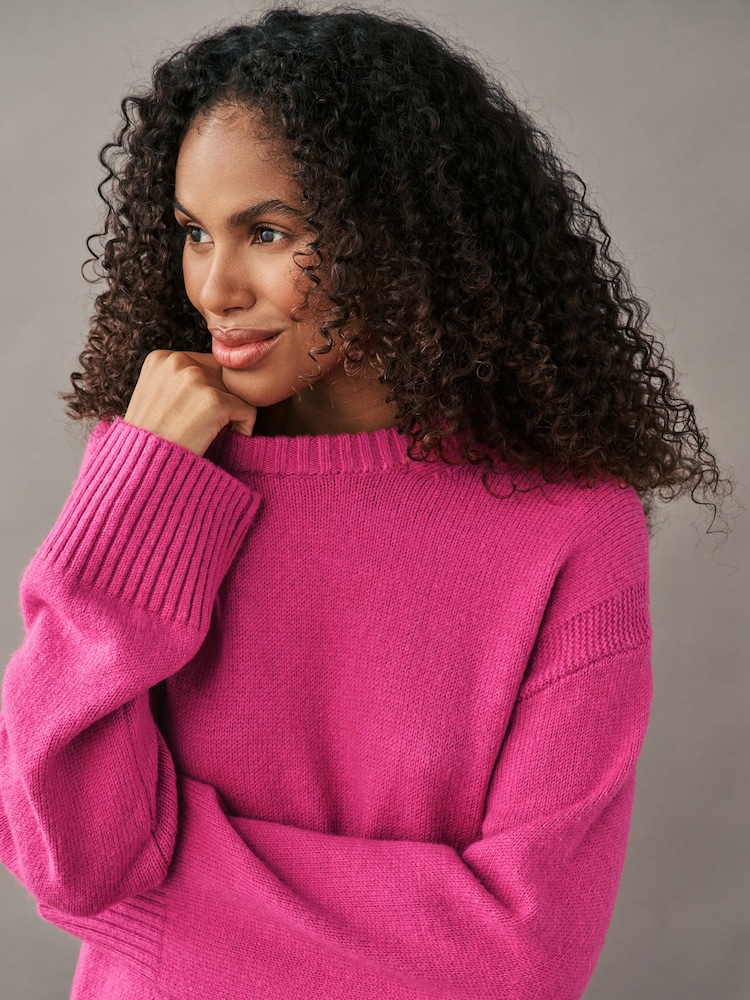 Buy Bright Pink Relaxed Soft Touch Crew Neck Midi Knitted Jumper