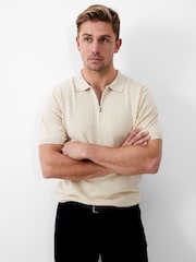 French Connection Natural Short Sleeve Knitted 100% Cotton Polo Shirt - Image 1 of 3