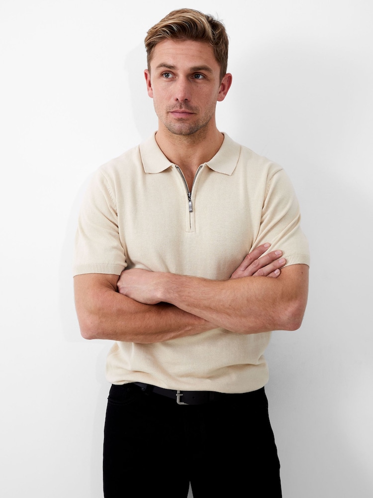 French Connection Natural Short Sleeve Knitted 100% Cotton Polo Shirt - Image 1 of 3