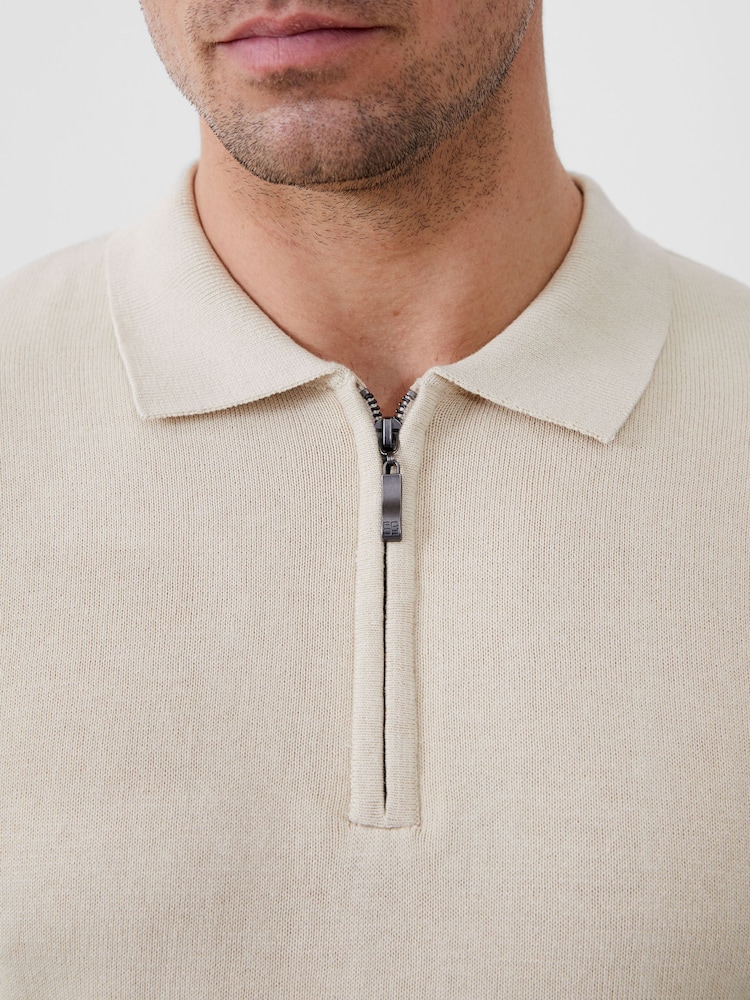 French Connection Natural Short Sleeve Knitted 100% Cotton Polo Shirt - Image 3 of 3