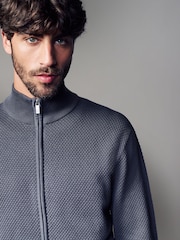 Blue Regular Fit Texture 100% Cotton Premium Zip Through Jumper - Image 1 of 5