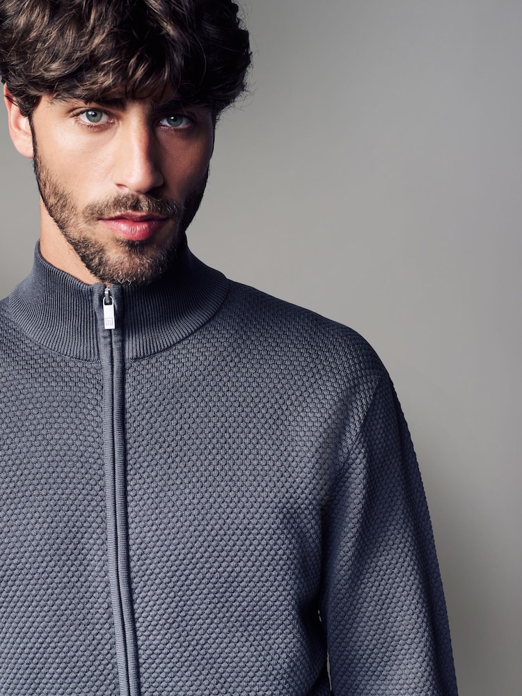 Blue Regular Fit Texture 100% Cotton Premium Zip Through Jumper - Image 1 of 5