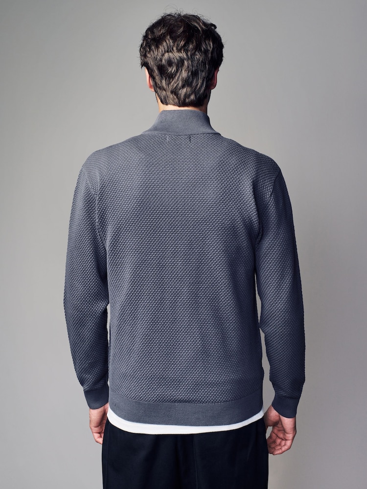 Blue Regular Fit Texture 100% Cotton Premium Zip Through Jumper - Image 3 of 5