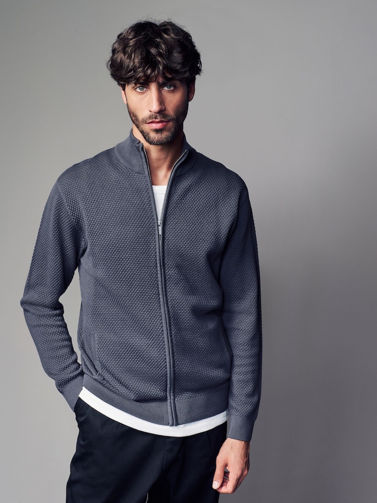 Blue Regular Fit Texture 100% Cotton Premium Zip Through Jumper - Image 4 of 5