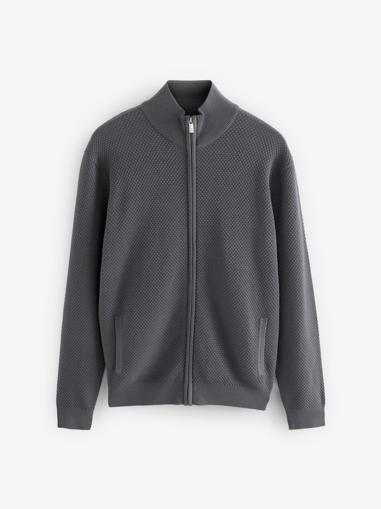 Blue Regular Fit Texture 100% Cotton Premium Zip Through Jumper - Image 5 of 5