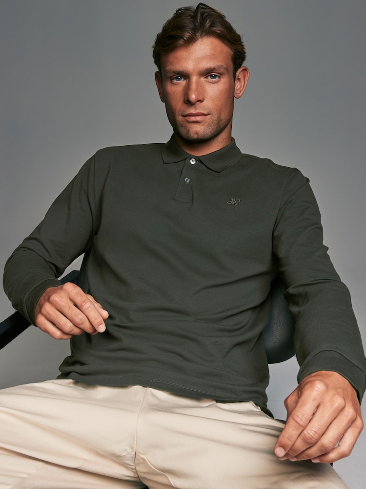 Olive Green Long Sleeve Pique Polo Shirt - Image 1 of 9
