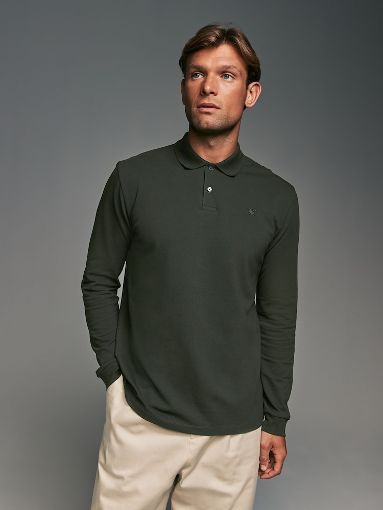 Olive Green Long Sleeve Pique Polo Shirt - Image 2 of 9