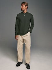 Olive Green Long Sleeve Pique Polo Shirt - Image 5 of 9