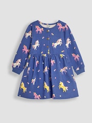 JoJo Maman Bébé Cornflower Blue Unicorn Button Sweat Dress - Image 1 of 3