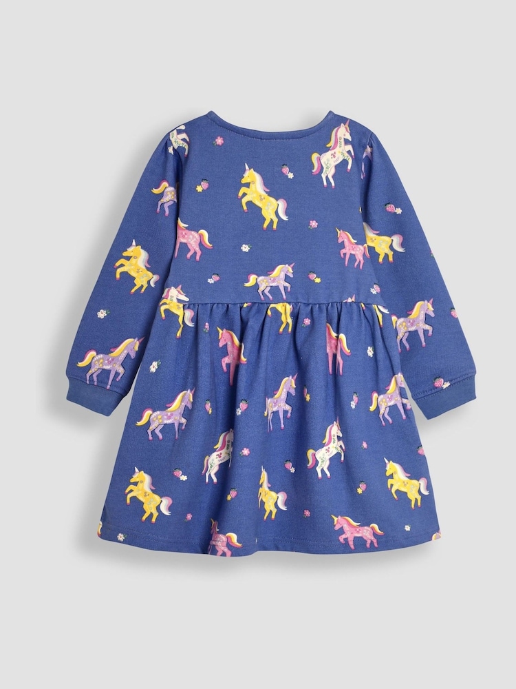 JoJo Maman Bébé Cornflower Blue Unicorn Button Sweat Dress - Image 2 of 3