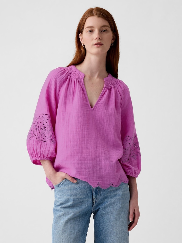 Gap Pink Eyelet Puff Sleeve Shirt - Image 1 of 5