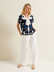 Phase Eight Blue Mia Floral Print Linen Knit Top - Image 3 of 6