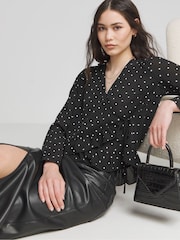 Simply Be Mono Spot Sheer Wrap Long Sleeve Blouse - Image 1 of 4