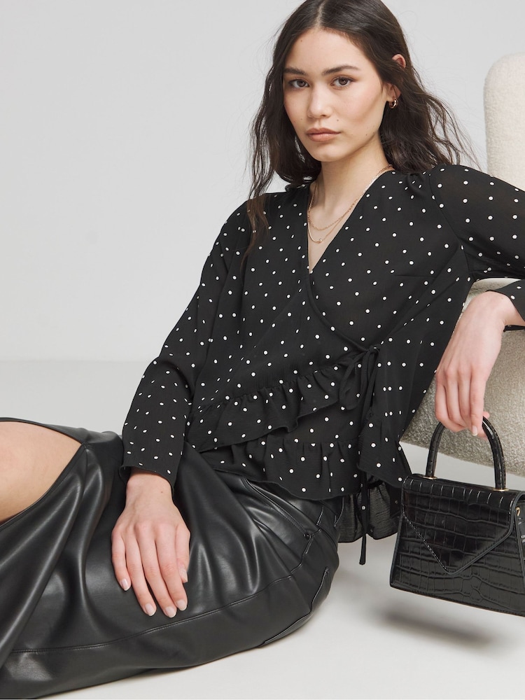 Simply Be Mono Spot Sheer Wrap Long Sleeve Blouse - Image 1 of 4
